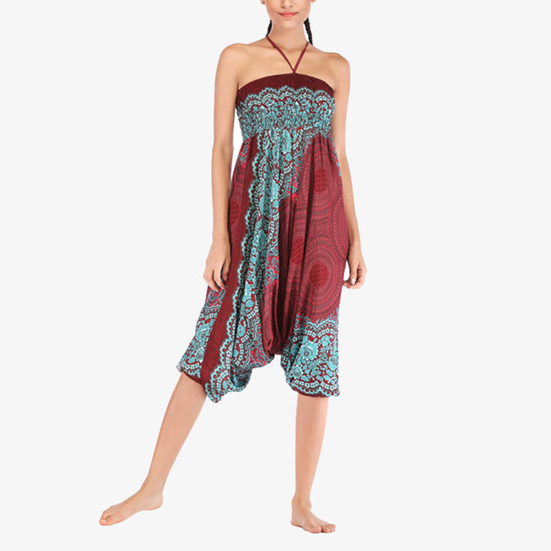 Two Style Wear Round Geometric Pattern Loose Smocked Harem Trousers Jumpsuit High Waist Women's Yoga Pants
