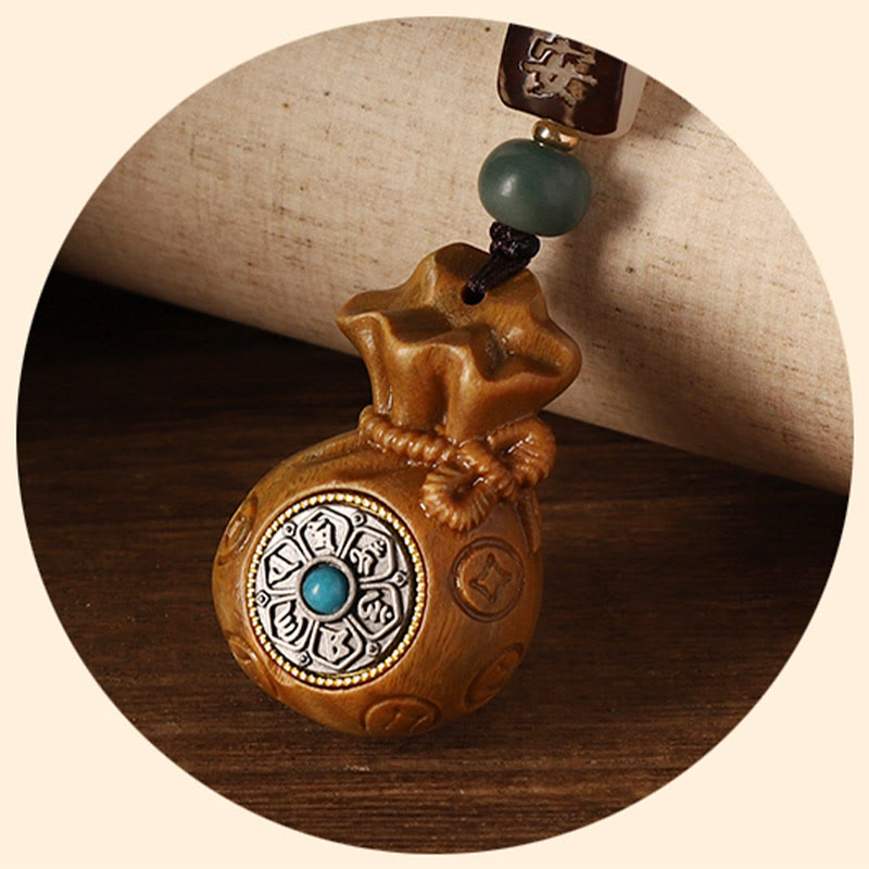 Small Leaf Red Sandalwood Green Sandalwood Money Bag Om Mani Padme Hum Rotatable Protection Keychain Phone Hanging Decoration