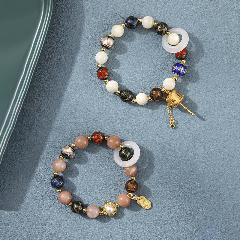 Tibetan Incense Ash Liuli Glass Tridacna Stone Sun Stone Om Mani Padme Hum Prayer Wheel Charm Bracelet