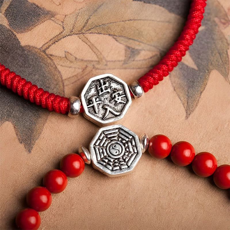 925 Sterling Silver Yin Yang Bagua Symbol Cinnabar String Concentration Bracelet