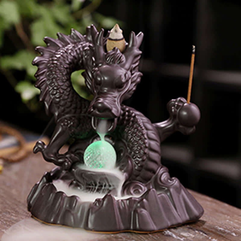 Auspicious Dragon Ceramic Backflow Smoke Fountain Meditation Incense Burner Led Ball Decoration