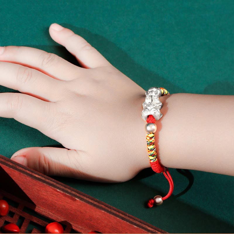 999 Sterling Silver PiXiu Wealth King Kong Knot String Braided Kids Child Bracelet