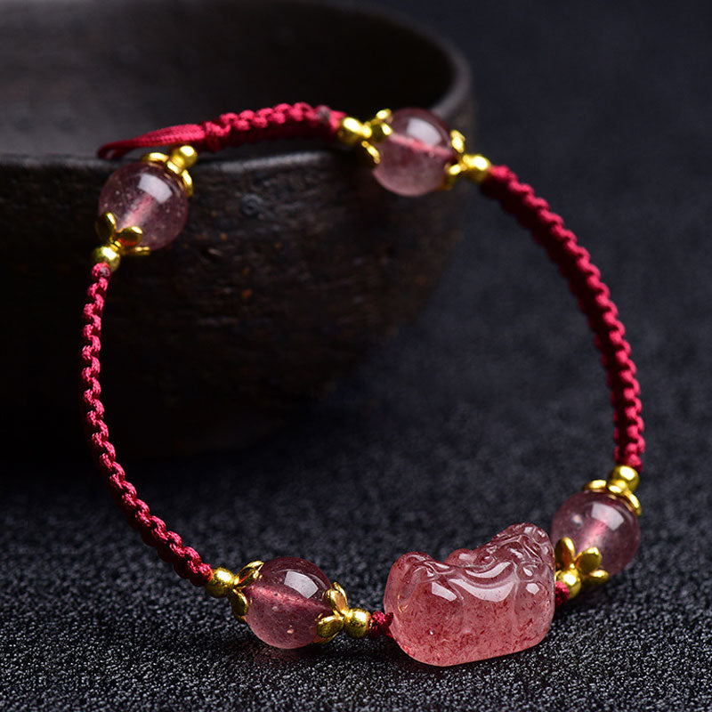Natural Strawberry Crystal Pixiu Charm Lucky Red String Bracelet