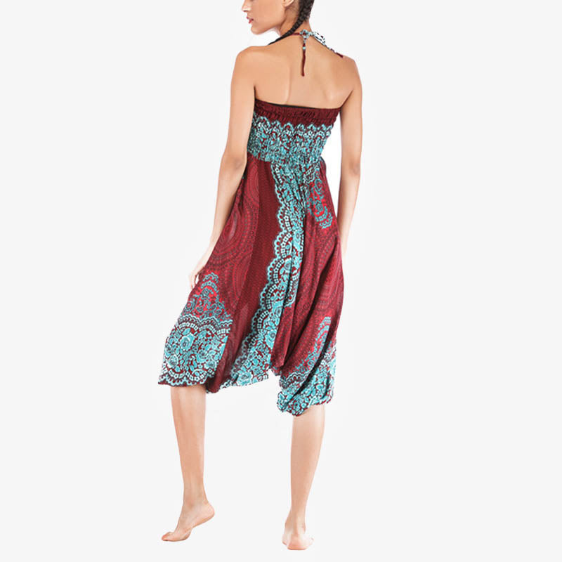 Two Style Wear Round Geometric Pattern Loose Smocked Harem Trousers Jumpsuit High Waist Women's Yoga Pants
