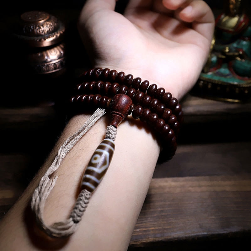 Natural Tibet 108 Mala Beads Purple Bodhi Seed Three-eyed Dzi Bead Copper Dorje Harmony Bracelet