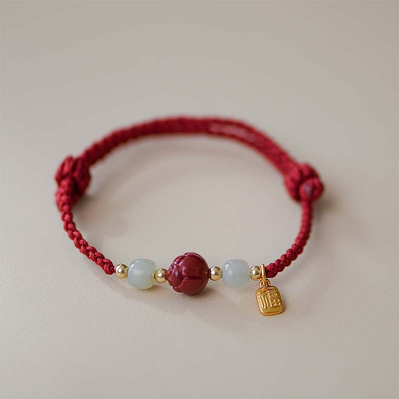 Cinnabar Jade Lotus Calm Red String Weave Bracelet