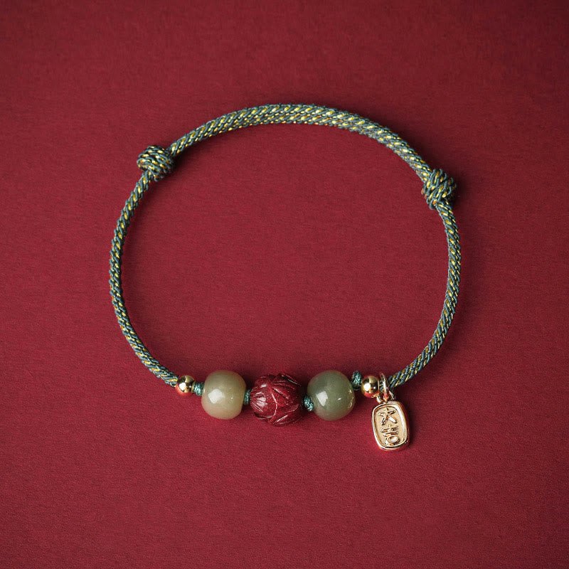 14K Gold Plated Hetian Jade Cinnabar Lotus Luck Handcrafted Rope Bracelet