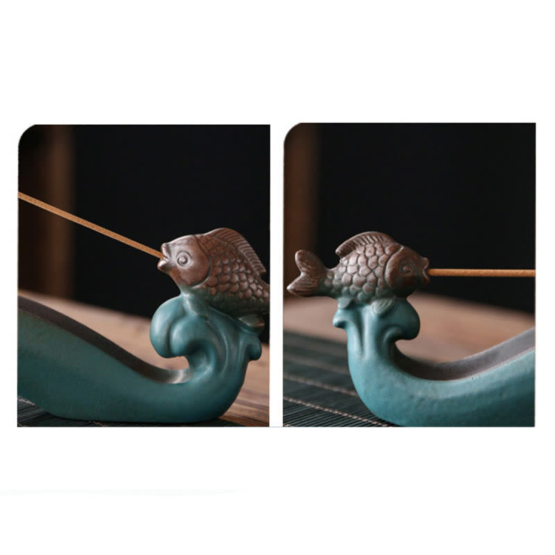Double Koi Fish Mountain Ceramic Stick Incense Burner Decoration