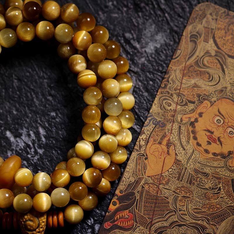 108 Mala Beads Natural Tiger Eye Copper Dorje Protection Tassel Bracelet