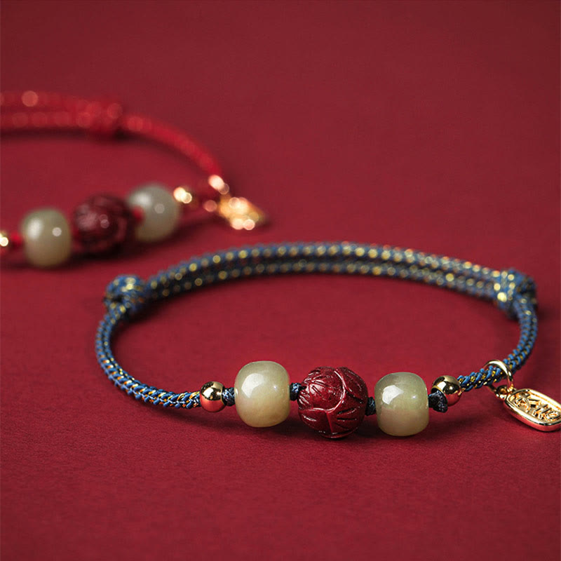 14K Gold Plated Hetian Jade Cinnabar Lotus Luck Handcrafted Rope Bracelet