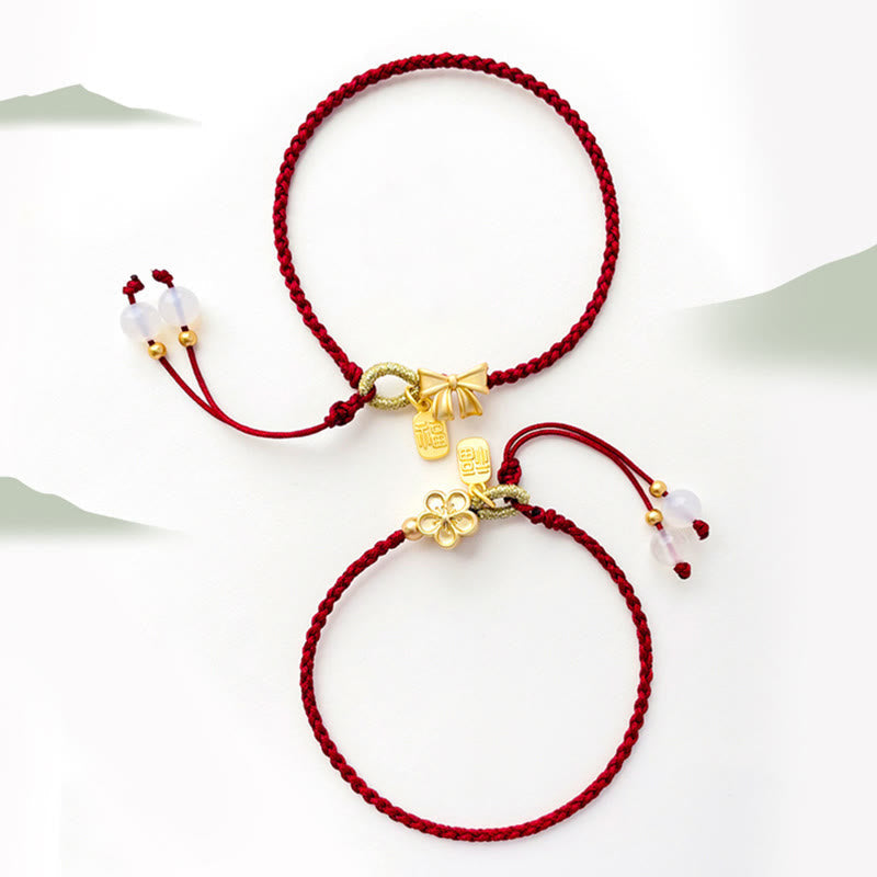 Handmade Peach Blossom Rosette Bow Knot Fu Character Charm Luck Fortune Red Rope Bracelet