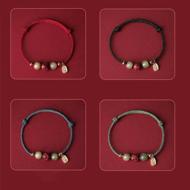 14K Gold Plated Hetian Jade Cinnabar Lotus Luck Handcrafted Rope Bracelet