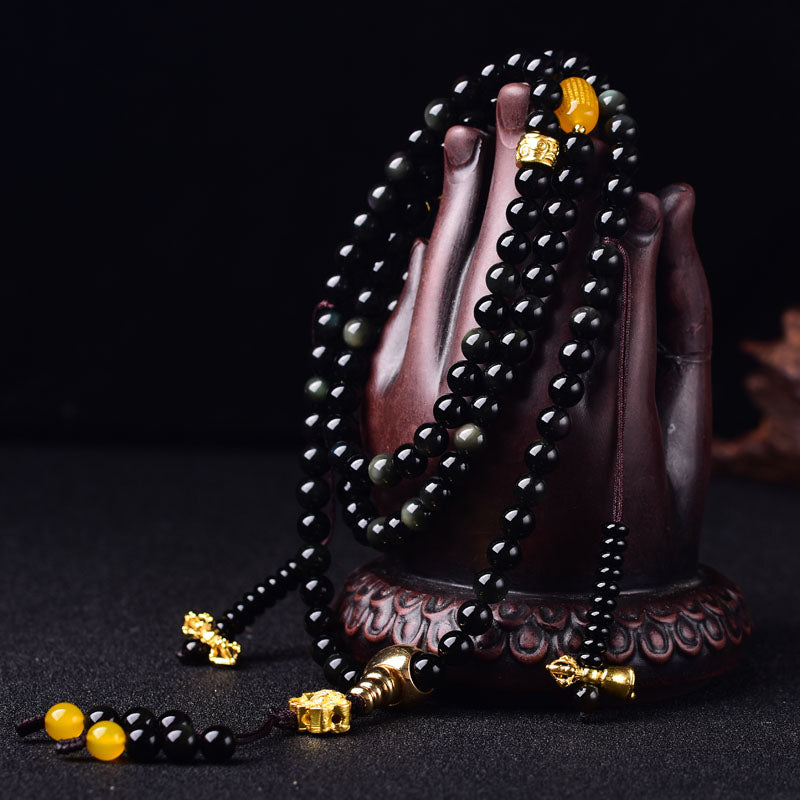 108 Beads Natural Black Obsidian Lotus Fulfilment Mala Bracelet