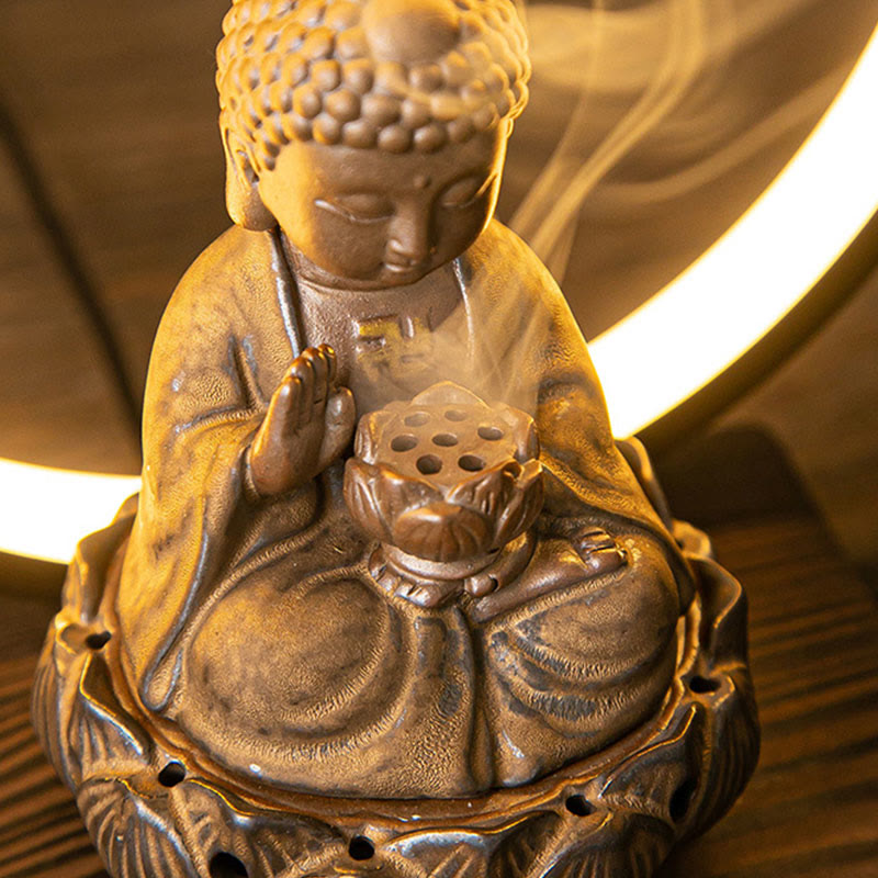 Buddha Lotus Backflow Smoke Fountain Ceramic Blessing Incense Burner With Light Decoration