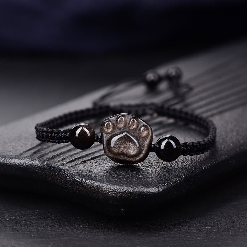 Natural Silver Sheen Obsidian Gold Sheen Obsidian Cute Cat Paw Claw Protection Rope Bracelet