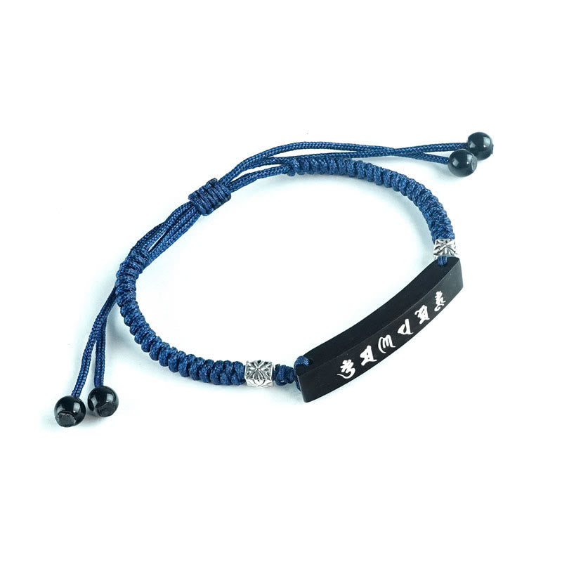 Buddhism Six True Words Wood Ebony Wood Silver Inlaid Protection Bracelet