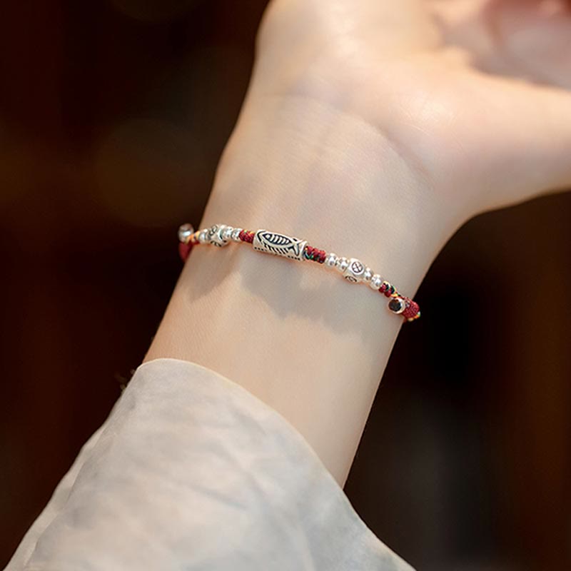 925 Sterling Silver Luck Koi Fish Braided Colorful String Bracelet Anklet