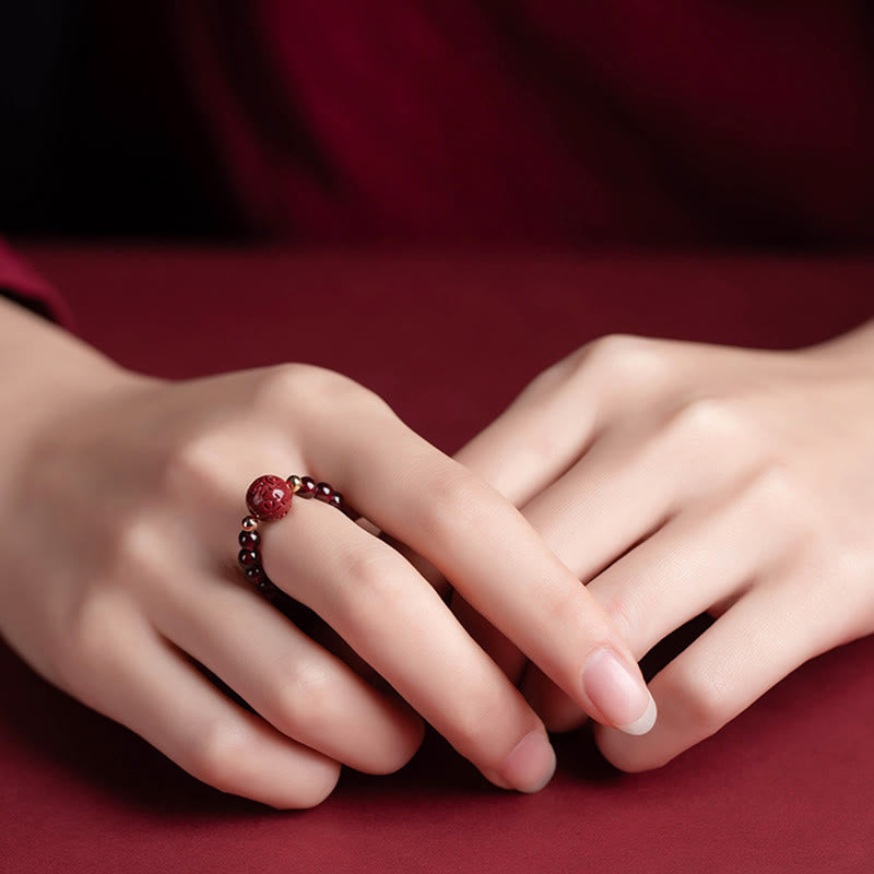 Garnet Cinnabar Lucky Bead PiXiu Om Mani Padme Hum Rose Protection Ring