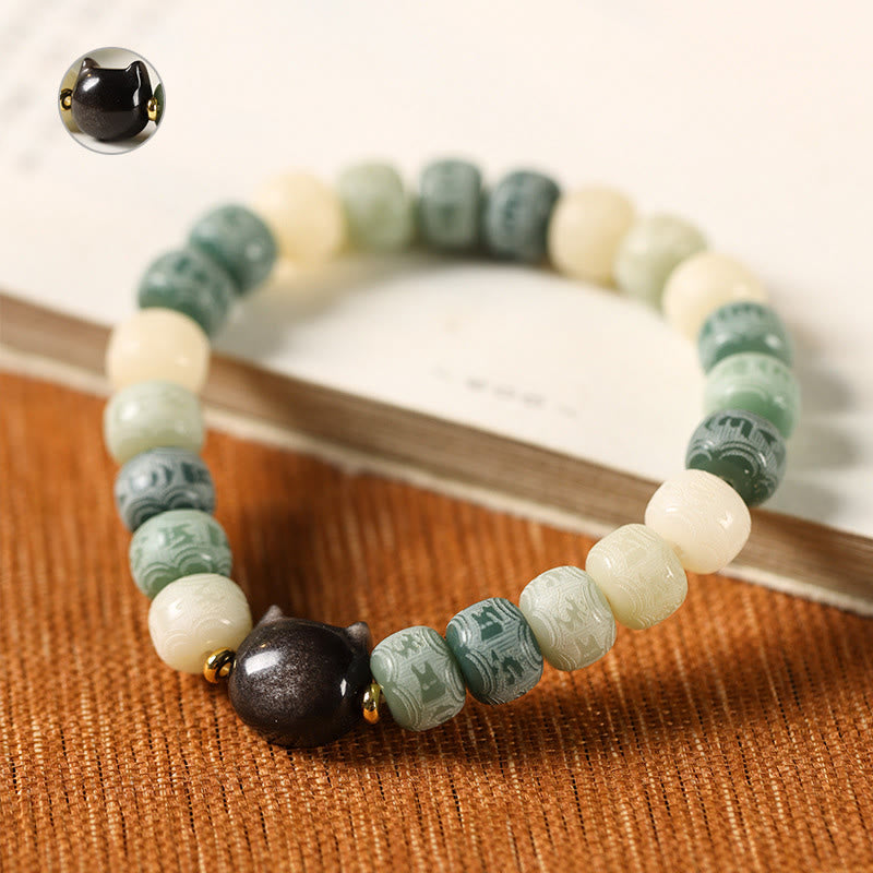 Bodhi Seed Silver Sheen Obsidian Cat Head Om Mani Padme Hum Engraved Harmony Bracelet