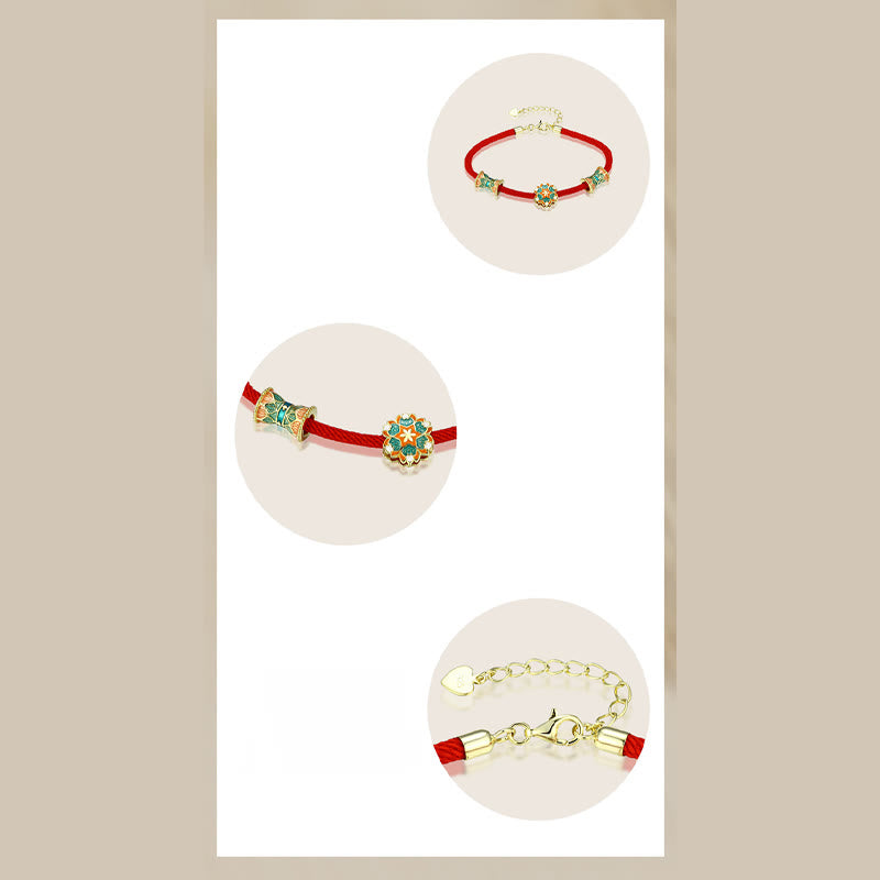 Dunhuang 925 Sterling Silver Lotus Drum New Beginning Red Rope Bracelet