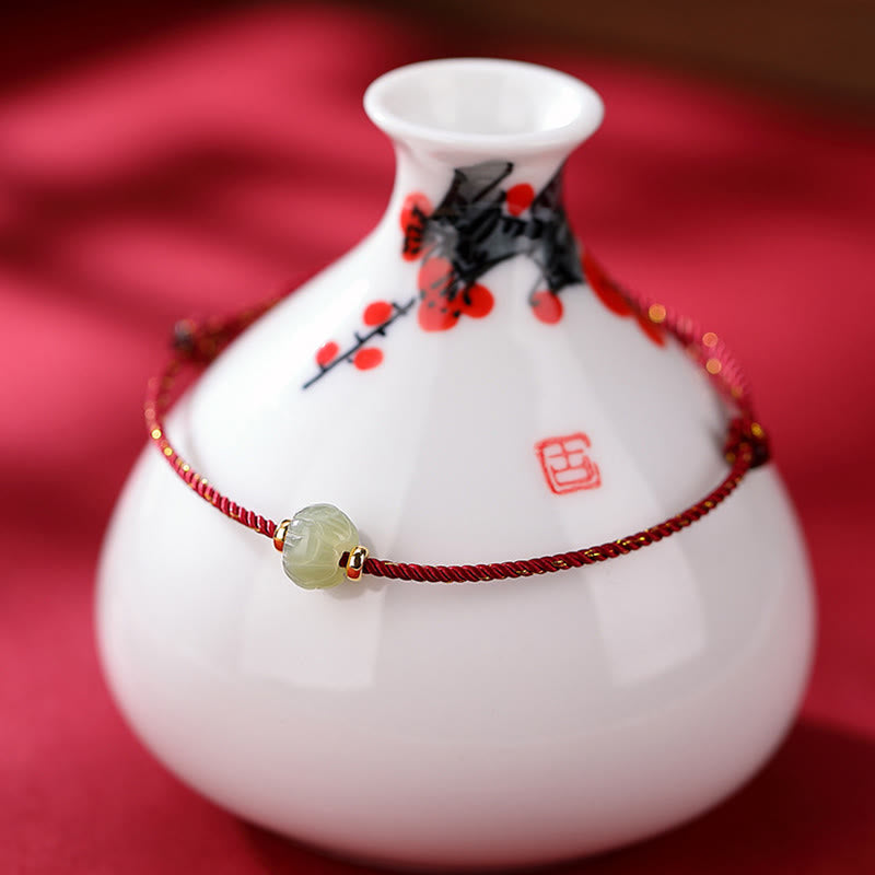 925 Sterling Silver Plated Gold Hetian Jade Lotus Luck Red String Bracelet