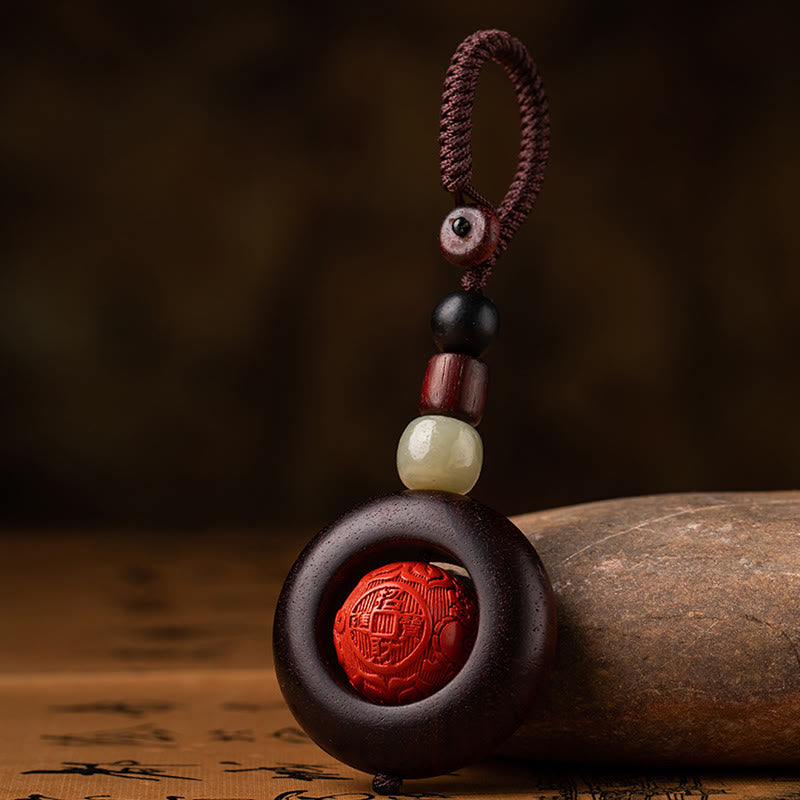 Tibet Om Mani Padme Hum PiXiu Copper Coin Small Leaf Red Sandalwood Cinnabar Protection Key Chain