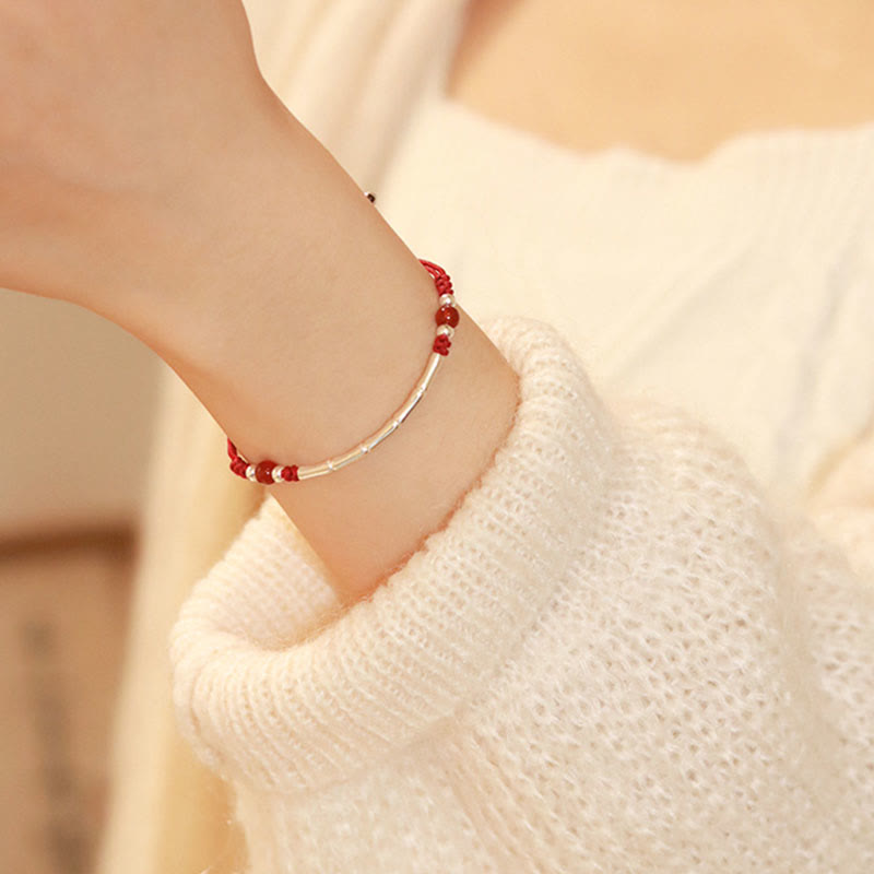 925 Sterling Silver Bamboo White Agate Red Agate Bead Protection String Braided Bracelet