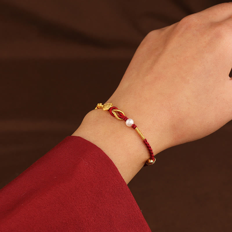 24K Gold Wish Ruyi Handle Fu Character Rabbit Pearl Luck Braided Bracelet