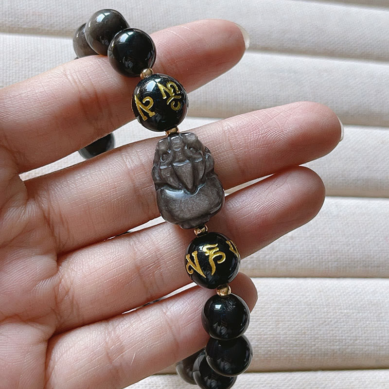 Natural Silver Sheen Obsidian Black Obsidian Om Mani Padme Hum Pixiu Protection Bracelet