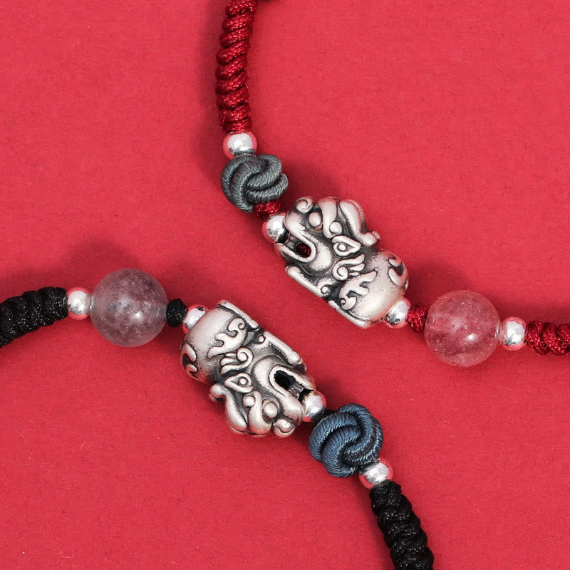 999 Sterling Silver PiXiu Strawberry Quartz Bead Wealth Luck Braided Bracelet