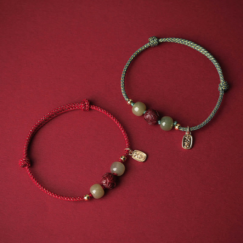 14K Gold Plated Hetian Jade Cinnabar Lotus Luck Handcrafted Rope Bracelet