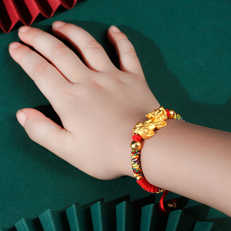 999 Sterling Silver PiXiu Wealth King Kong Knot String Braided Kids Child Bracelet