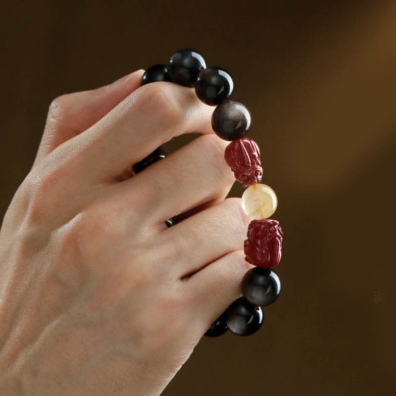 Gold Sheen Obsidian PiXiu Cinnabar Om Mani Padme Hum Protection Bracelet
