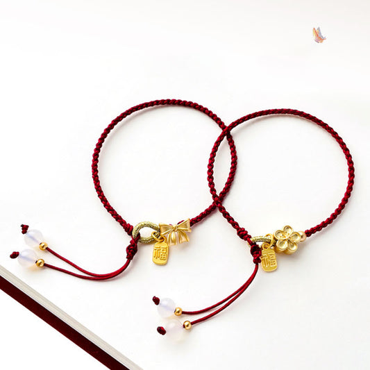 Handmade Peach Blossom Rosette Bow Knot Fu Character Charm Luck Fortune Red Rope Bracelet