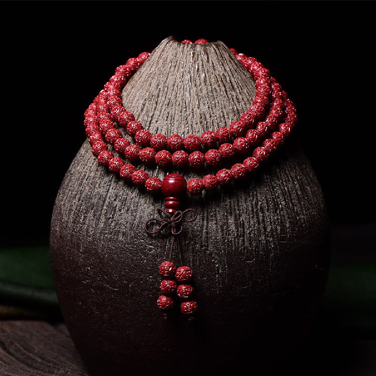 108 Mala Beads Cinnabar Om Mani Padme Hum Pattern Engraved Blessing Bracelet