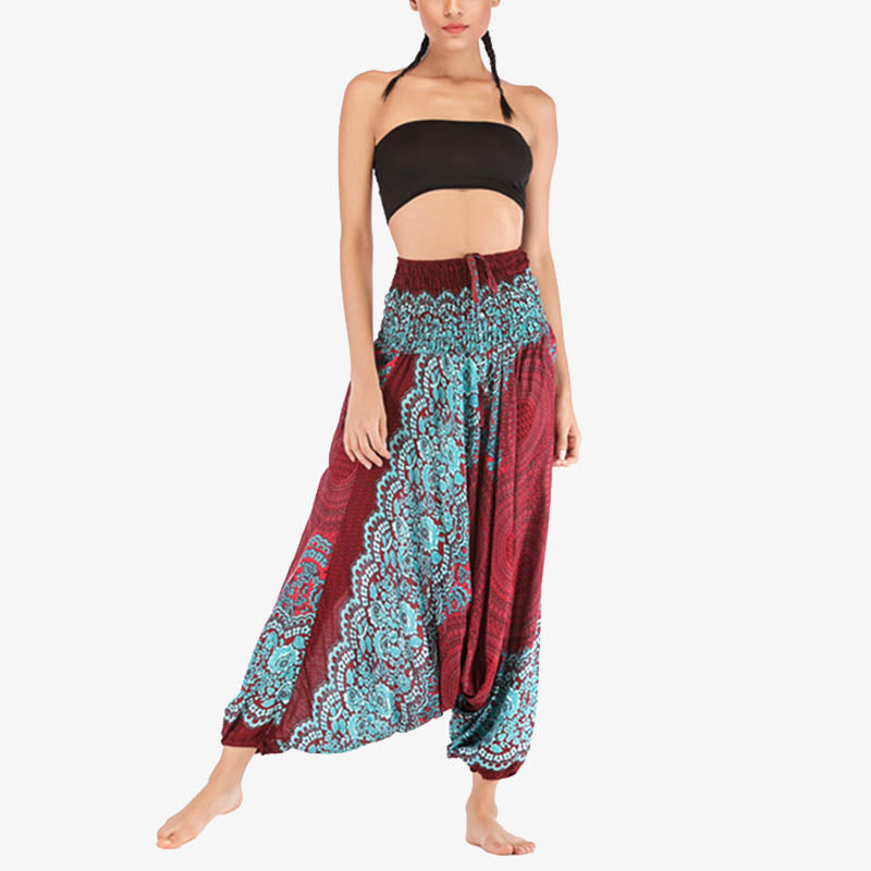 Two Style Wear Round Geometric Pattern Loose Smocked Harem Trousers Jumpsuit High Waist Women's Yoga Pants