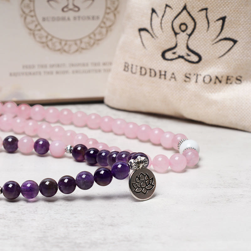 Natural Rose Quartz & Amethyst Mala Bead Lotus Pendant Bracelet