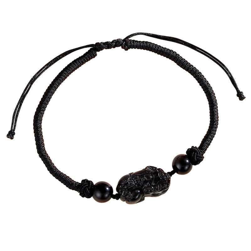 Handmade Natural Silver Sheen Obsidian Strawberry Quartz PiXiu Protection Braided Bracelet