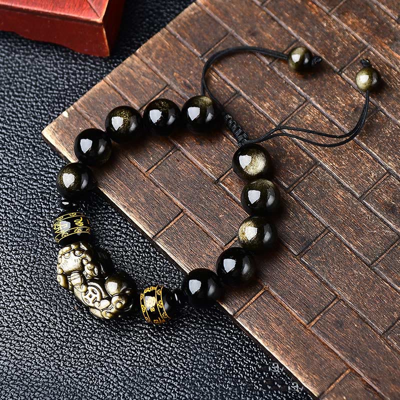 Natural Gold Sheen Obsidian PiXiu Om Mani Padme Hum Wealth Braided Bracelet