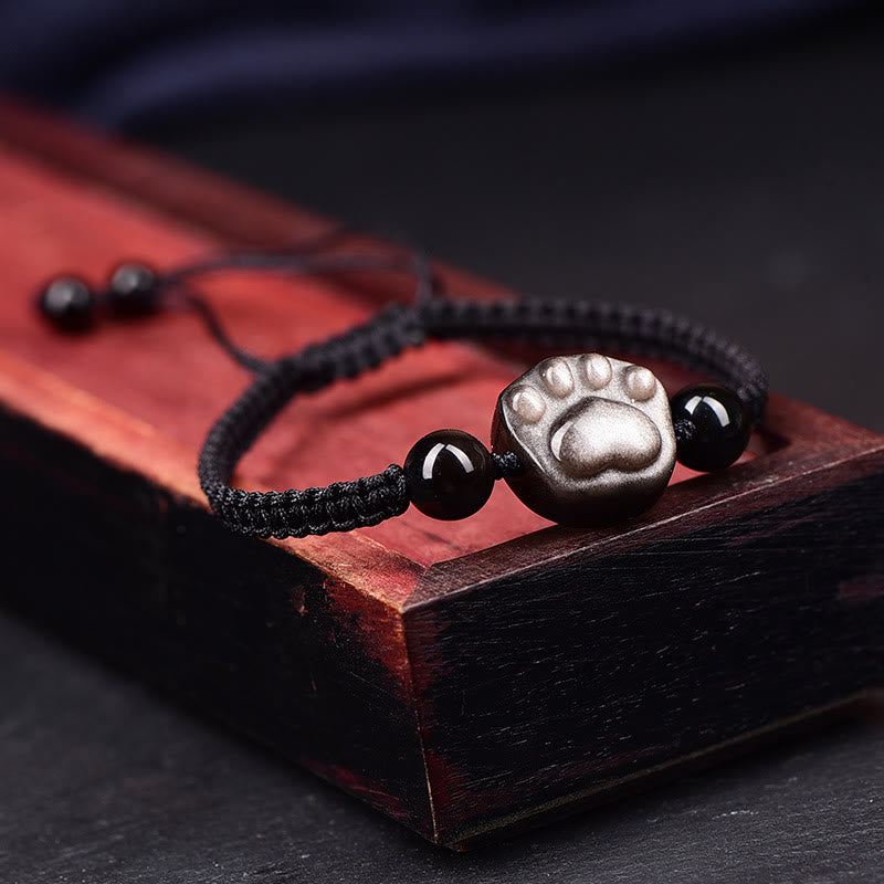 Natural Silver Sheen Obsidian Gold Sheen Obsidian Cute Cat Paw Claw Protection Rope Bracelet