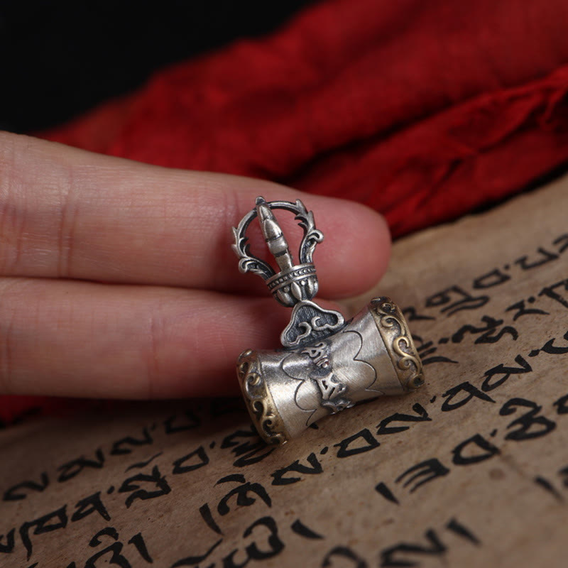 Tibet 925 Sterling Silver Om Mani Padme Hum Dorje Bell Vajra Engraved Enlightenment Pendant Hanging Decoration
