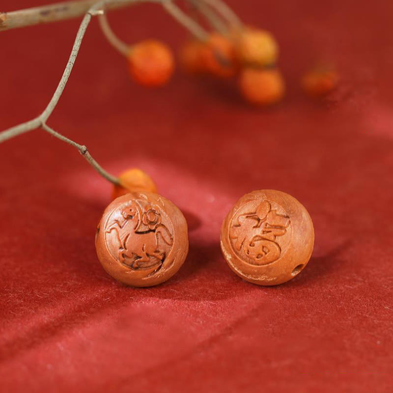 Natural Peach Wood Chinese Zodiac Fu Character Carved Cinnabar Wealth Bracelet