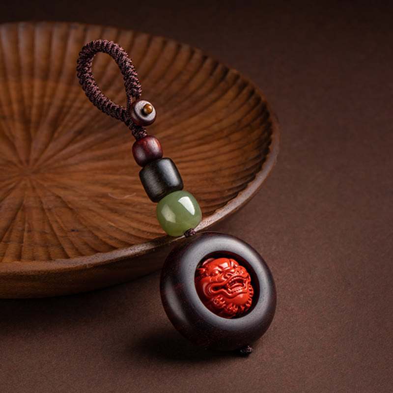 Tibet Om Mani Padme Hum PiXiu Copper Coin Small Leaf Red Sandalwood Cinnabar Protection Key Chain