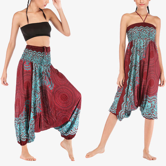 Two Style Wear Round Geometric Pattern Loose Smocked Harem Trousers Jumpsuit High Waist Women's Yoga Pants