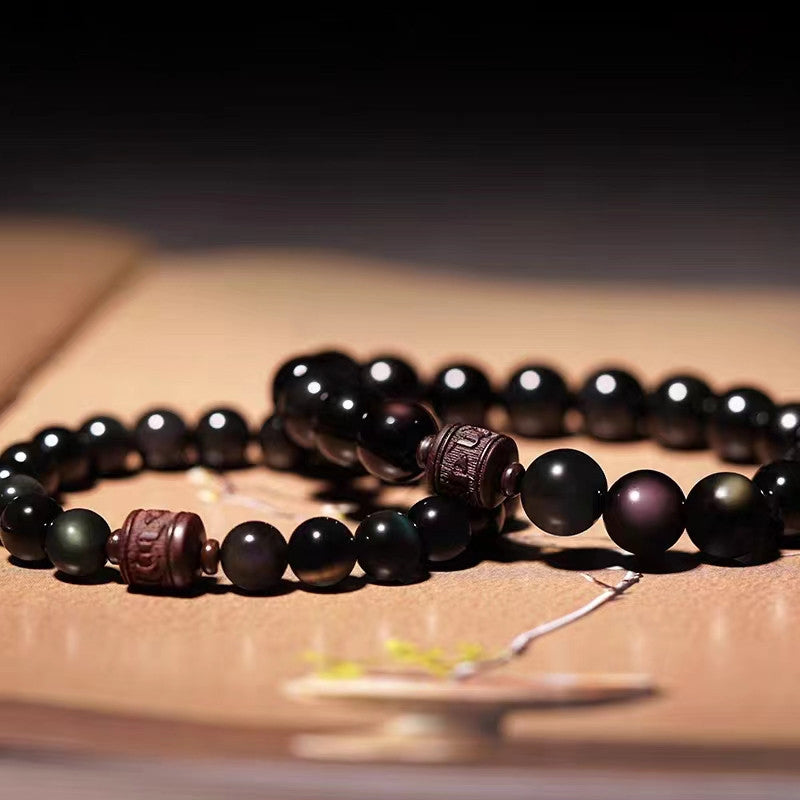 Natural Gold Sheen Obsidian Rainbow Obsidian Om Mani Padme Hum Fu Character Bracelet