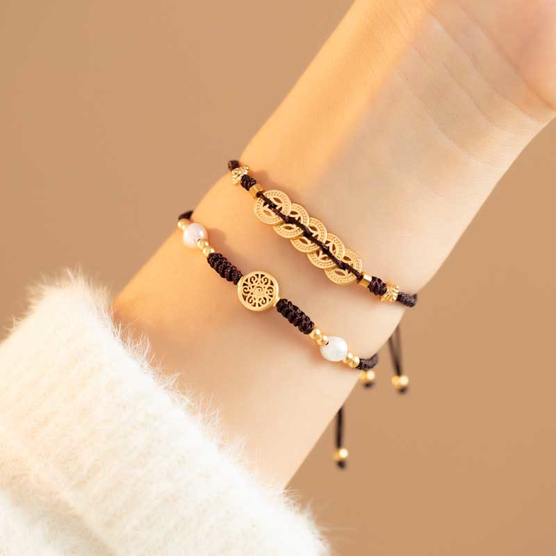 Copper Coin Fortune Tree Luck Strength Braided Bracelet