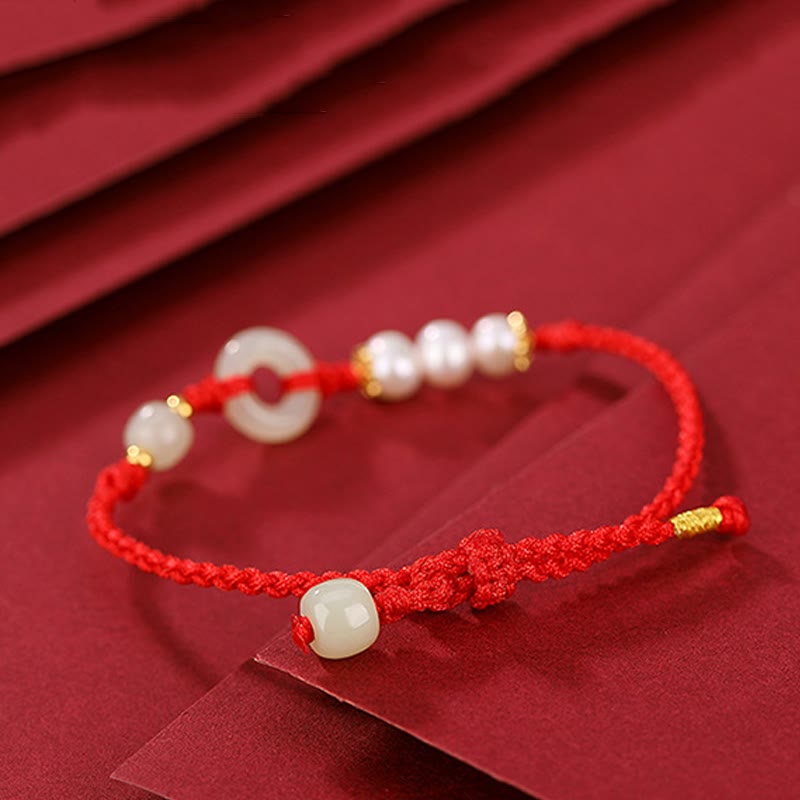925 Sterling Silver Plated Gold Hetian Jade Peace Buckle Pearl Luck Bracelet