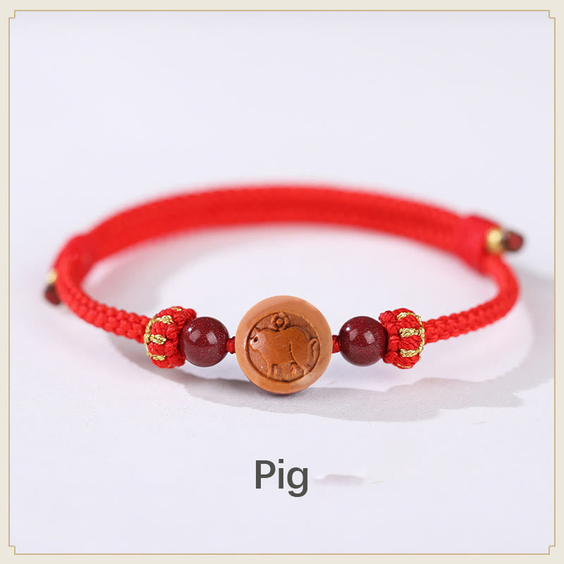Natural Peach Wood Chinese Zodiac Fu Character Carved Cinnabar Wealth Bracelet