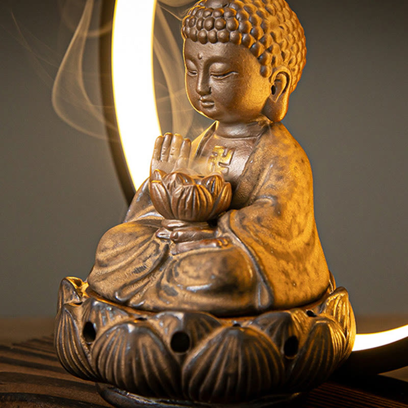 Buddha Lotus Backflow Smoke Fountain Ceramic Blessing Incense Burner With Light Decoration