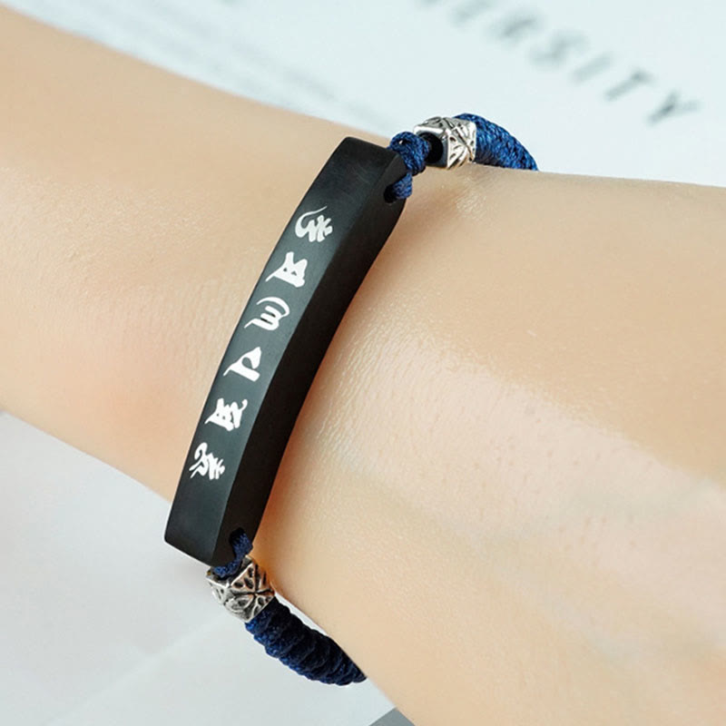 Buddhism Six True Words Wood Ebony Wood Silver Inlaid Protection Bracelet